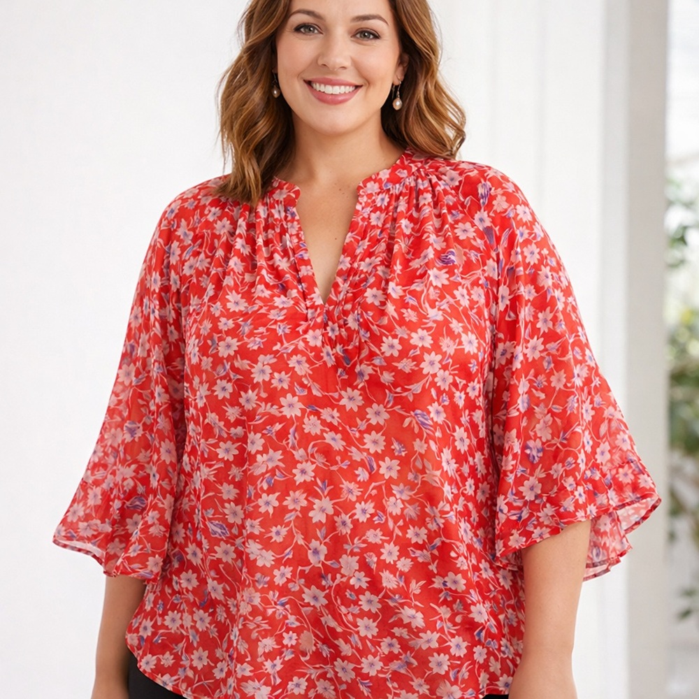 Violet + Claire Red Floral Blouse 1X Flowy Flutter Sleeve Lightweight Top